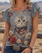 Patriotic Cat & Floral Ruffle Sleeve All-Over Print Top