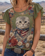 Patriotic Cat & Floral Ruffle Sleeve All-Over Print Top