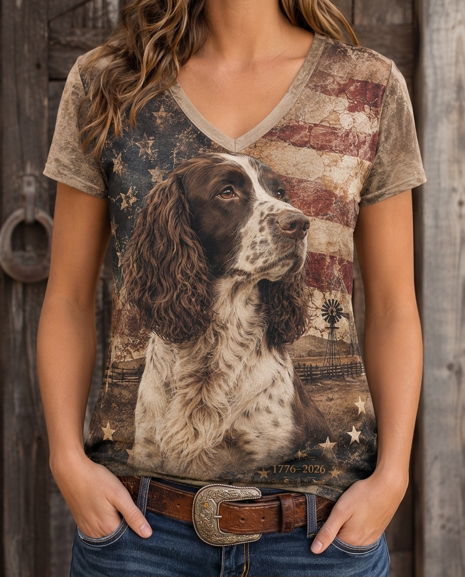 Western Distressed Springer Spaniel & Windmill V-Neck Tee
