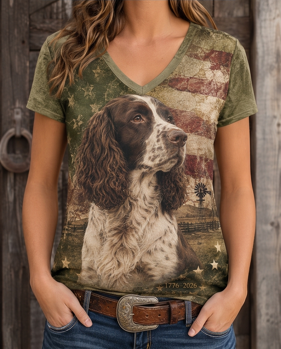 Western Distressed Springer Spaniel & Windmill V-Neck Tee