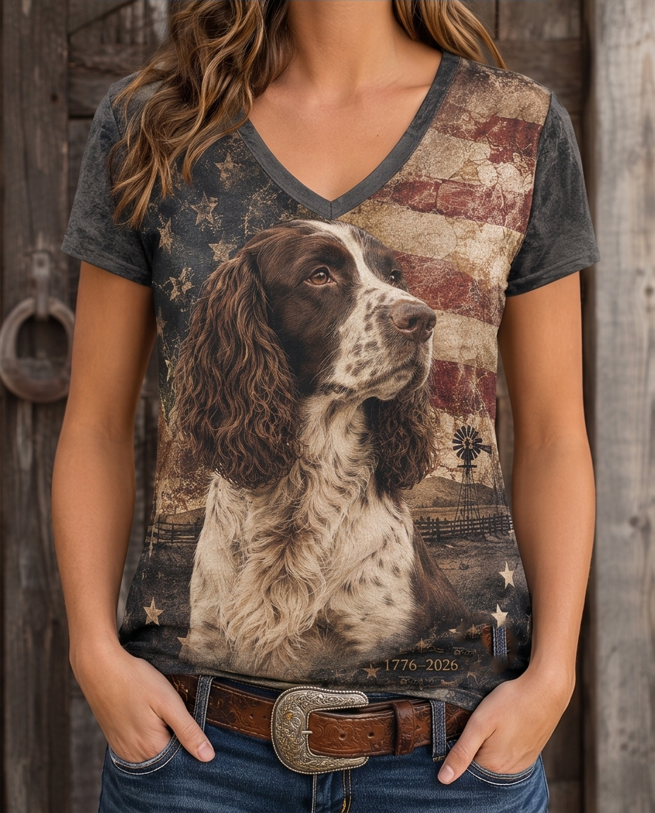 Western Distressed Springer Spaniel & Windmill V-Neck Tee