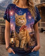 4th of July Festive Orange Cat & Fireworks Graphic Tee