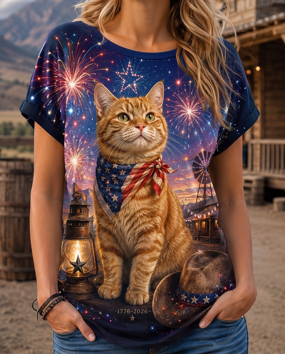4th of July Festive Orange Cat & Fireworks Graphic Tee