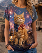 4th of July Festive Orange Cat & Fireworks Graphic Tee