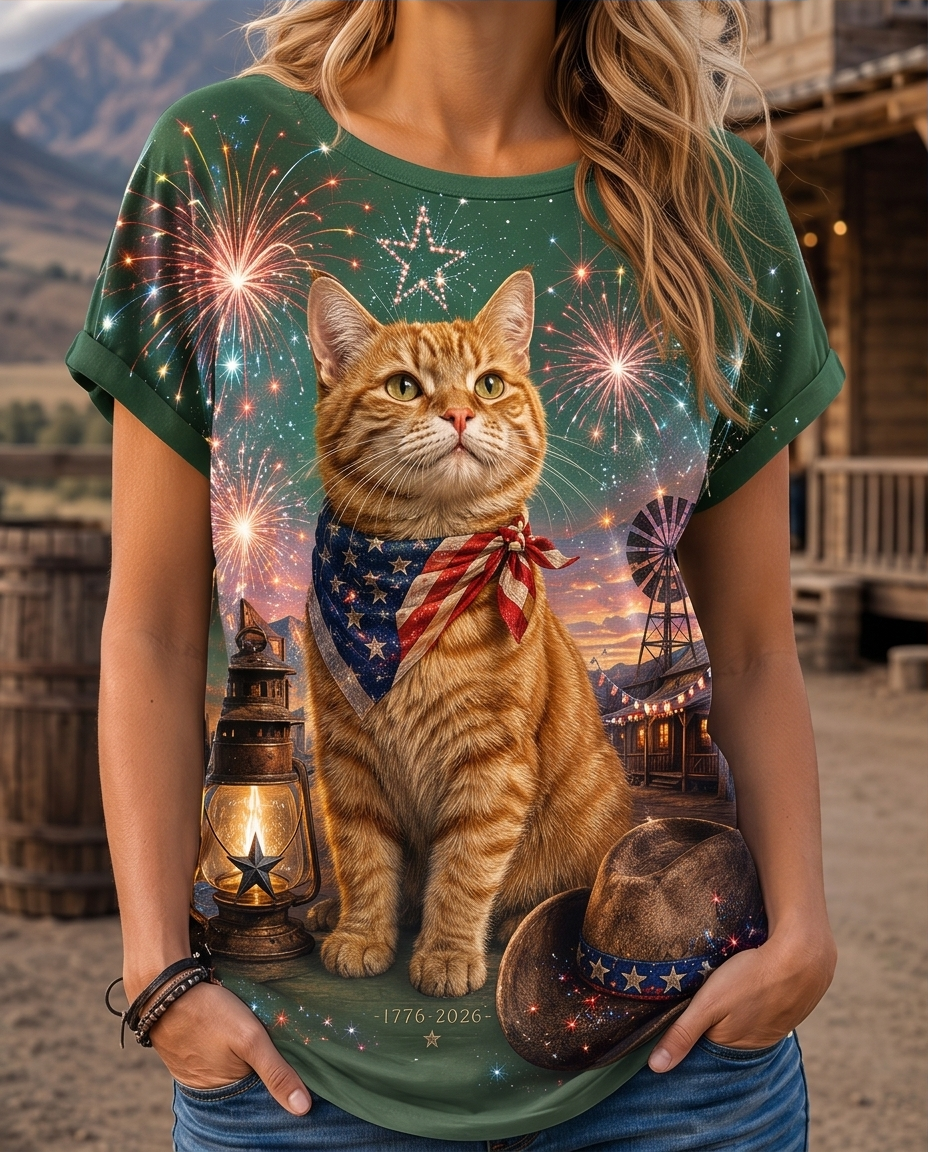 4th of July Festive Orange Cat & Fireworks Graphic Tee