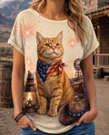 4th of July Festive Orange Cat & Fireworks Graphic Tee
