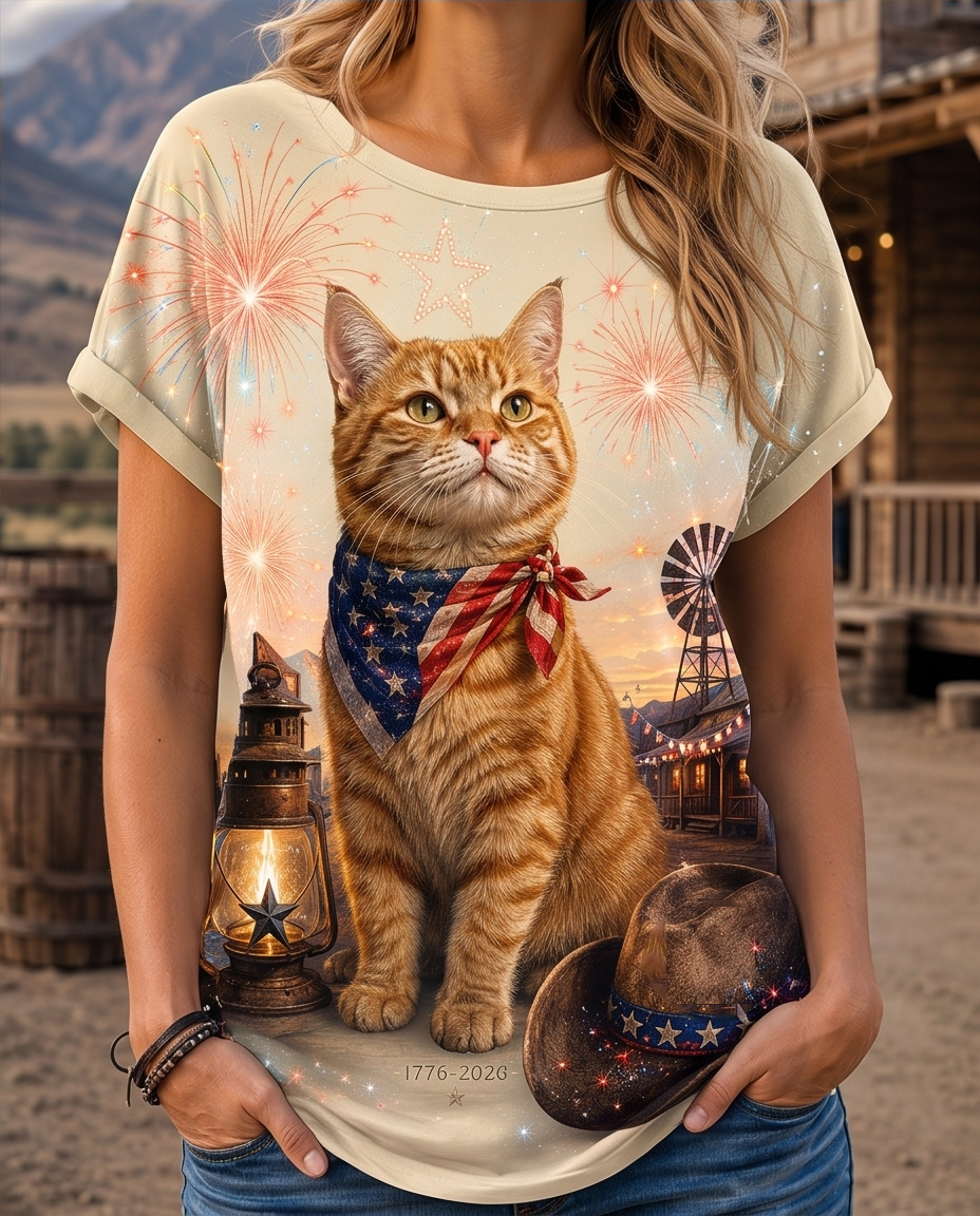 4th of July Festive Orange Cat & Fireworks Graphic Tee