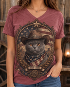 Liberty Feline: Western British Shorthair Cat Cowboy Patriotic V-Neck Tee