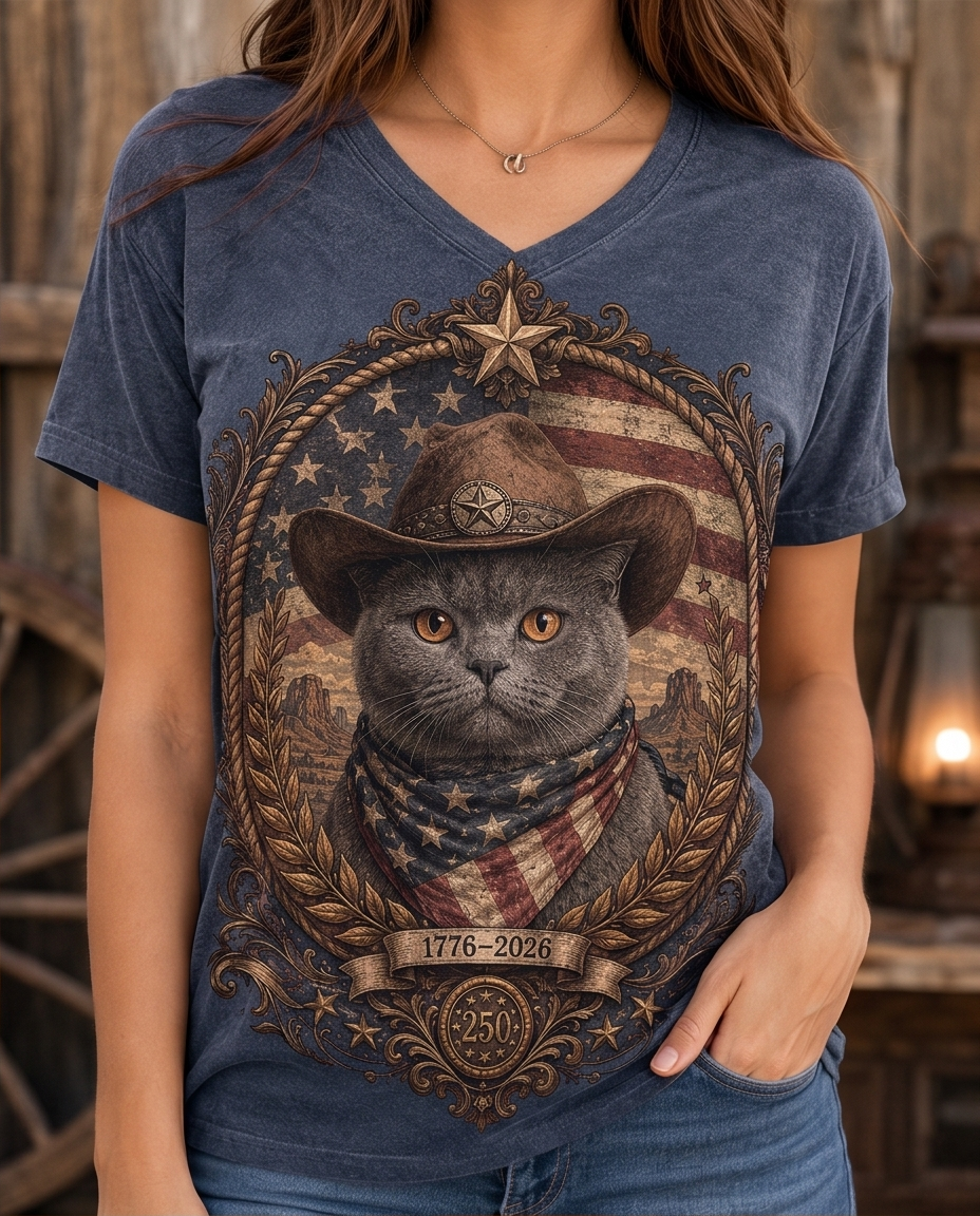 Liberty Feline: Western British Shorthair Cat Cowboy Patriotic V-Neck Tee