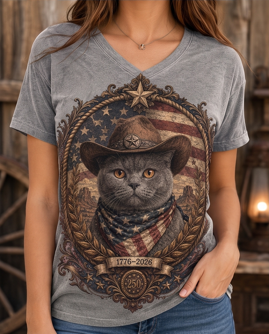 Liberty Feline: Western British Shorthair Cat Cowboy Patriotic V-Neck Tee