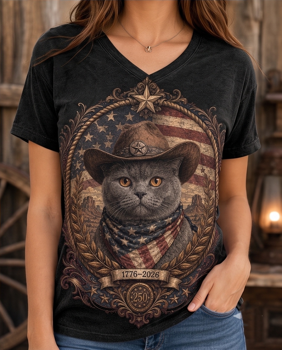 Liberty Feline: Western British Shorthair Cat Cowboy Patriotic V-Neck Tee