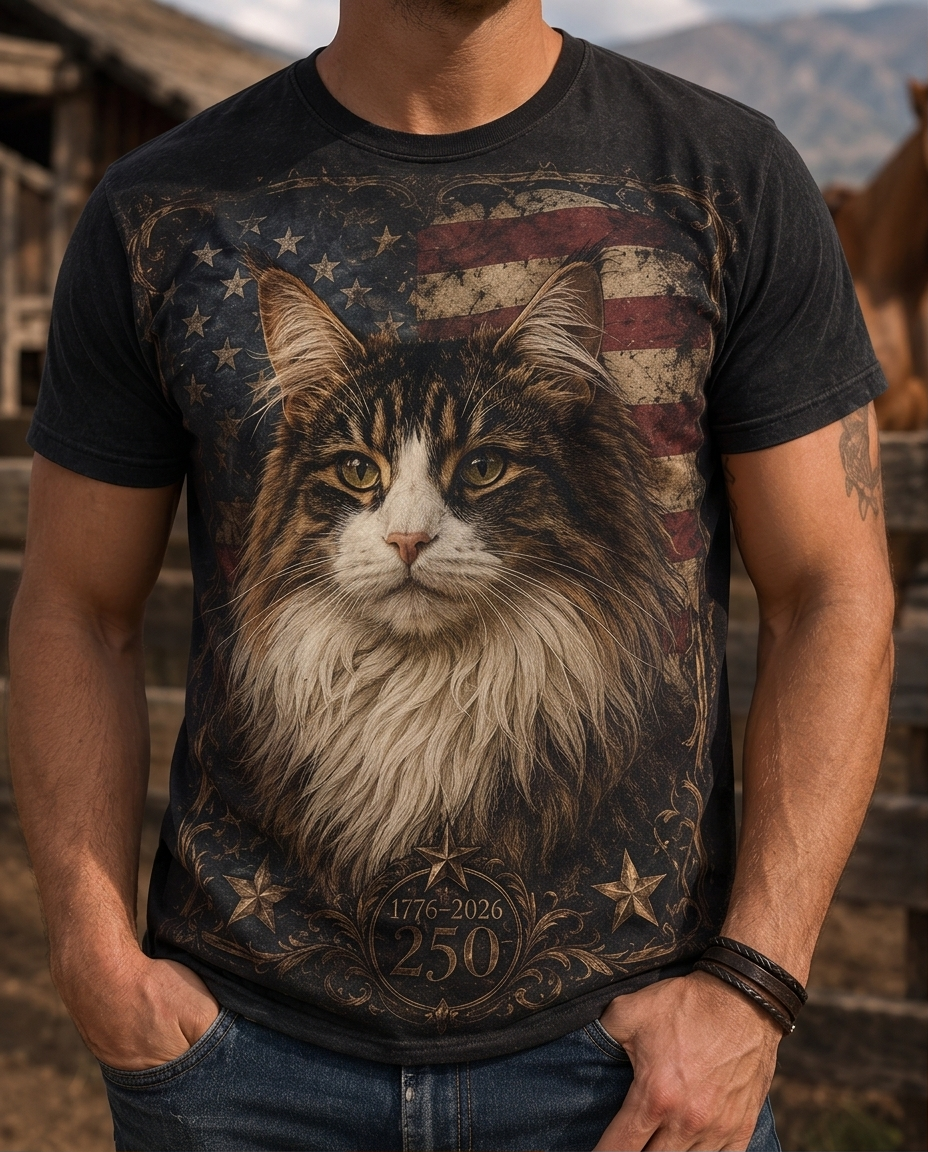 Dark Vintage Patriotic Maine Coon Cat Graphic Tee