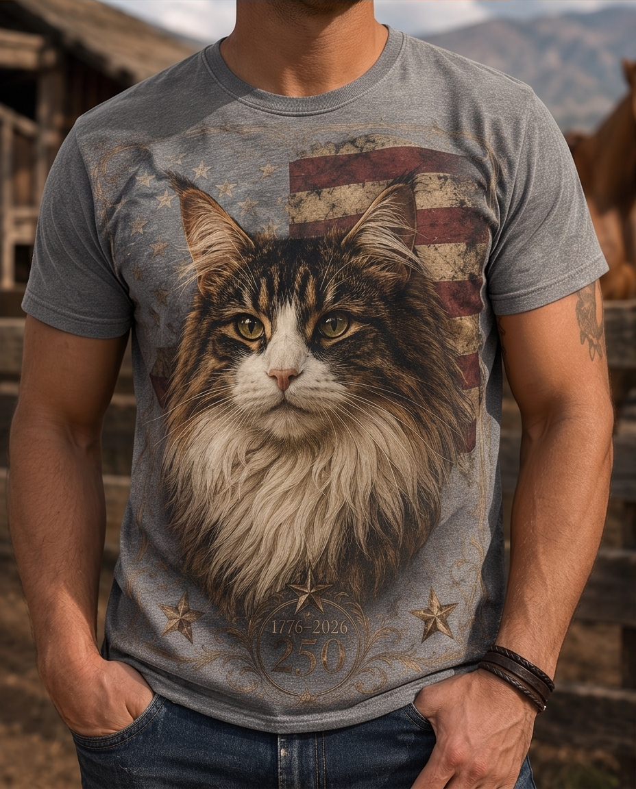 Dark Vintage Patriotic Maine Coon Cat Graphic Tee