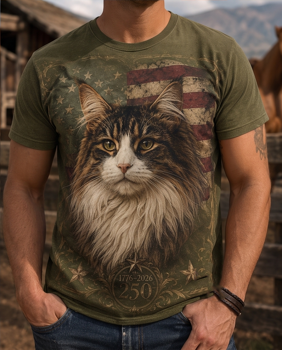 Dark Vintage Patriotic Maine Coon Cat Graphic Tee