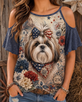 Elegant Cold-Shoulder Shih Tzu Dog & Floral Ruffle Top
