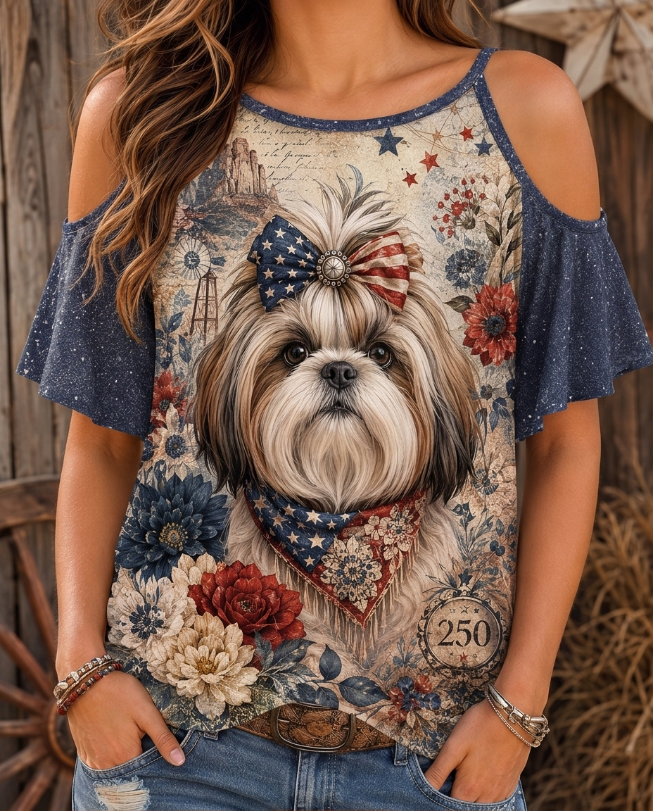 Elegant Cold-Shoulder Shih Tzu Dog & Floral Ruffle Top