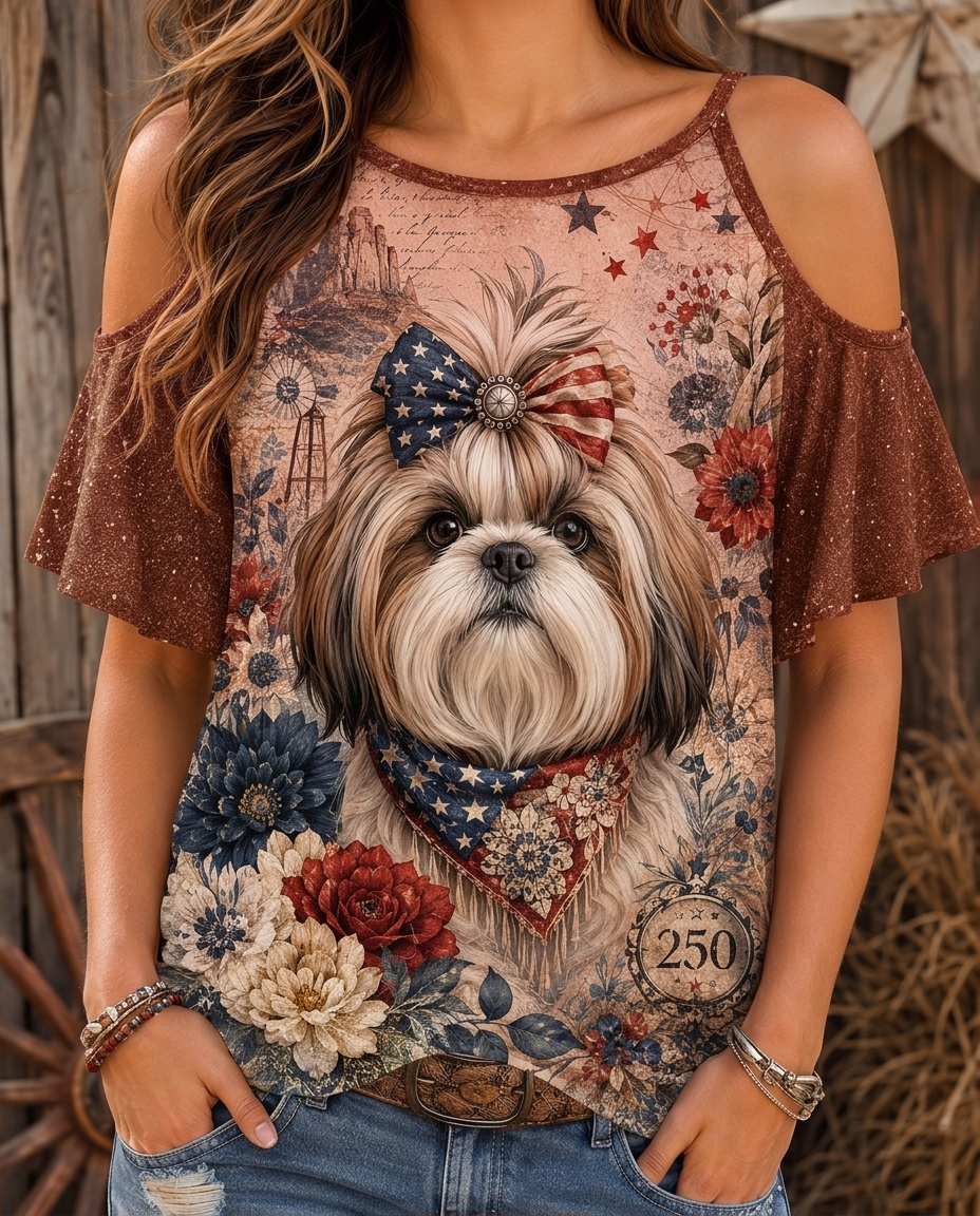 Elegant Cold-Shoulder Shih Tzu Dog & Floral Ruffle Top