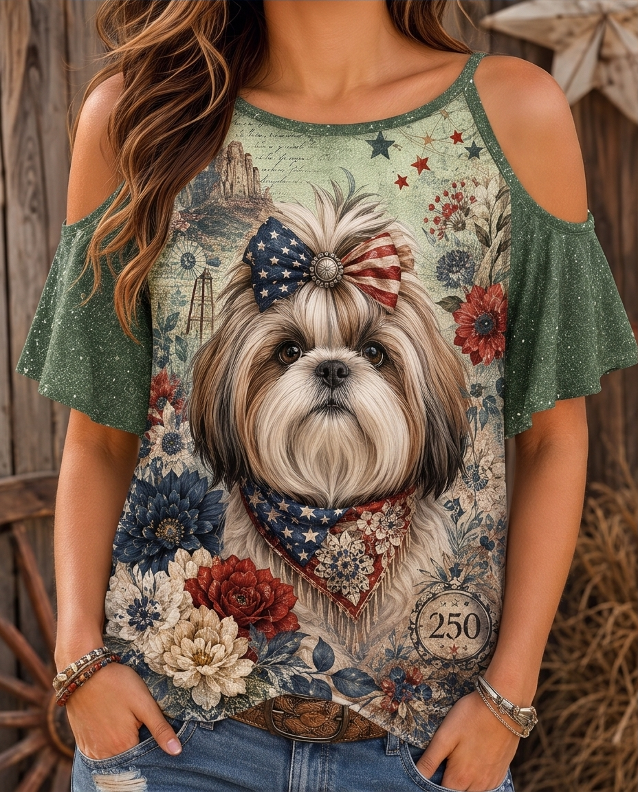 Elegant Cold-Shoulder Shih Tzu Dog & Floral Ruffle Top