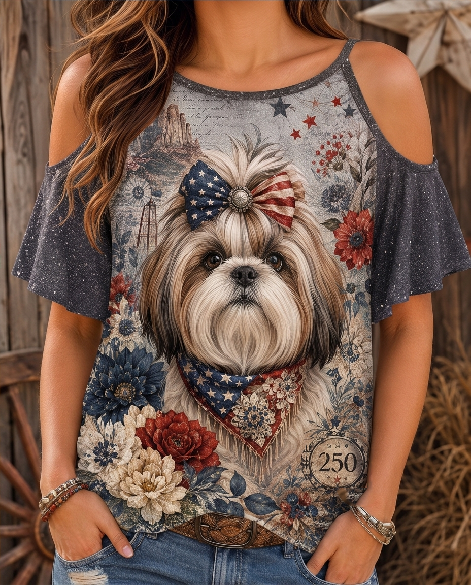Elegant Cold-Shoulder Shih Tzu Dog & Floral Ruffle Top