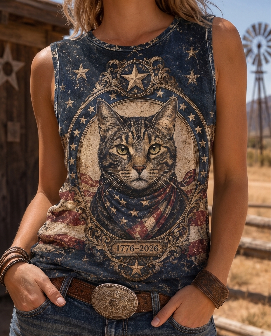 Western Emblem Patriotic Tabby Cat All-Over Print Tank Top