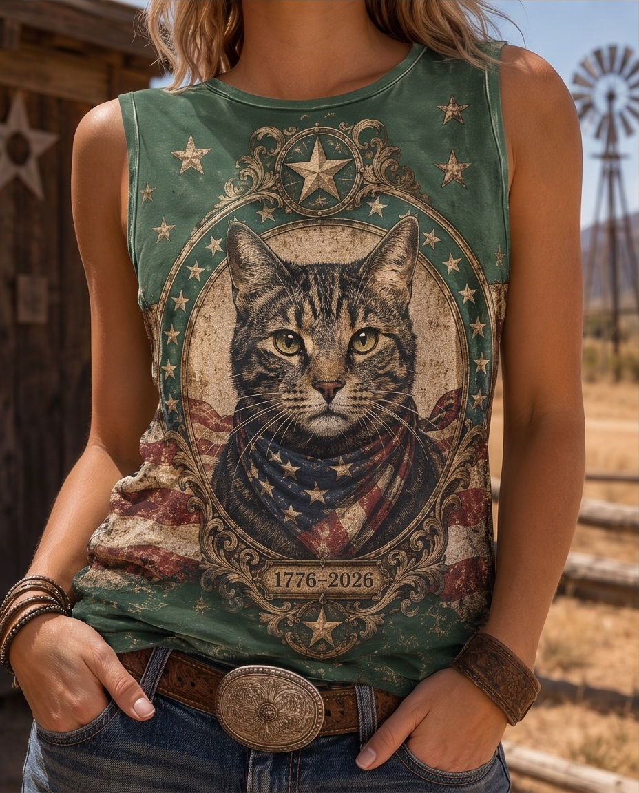 Western Emblem Patriotic Tabby Cat All-Over Print Tank Top