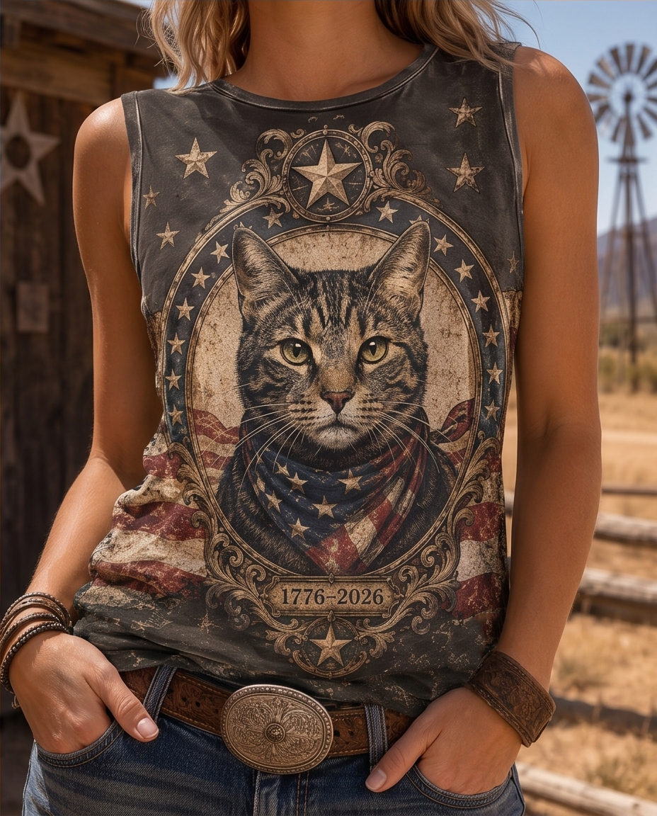 Western Emblem Patriotic Tabby Cat All-Over Print Tank Top