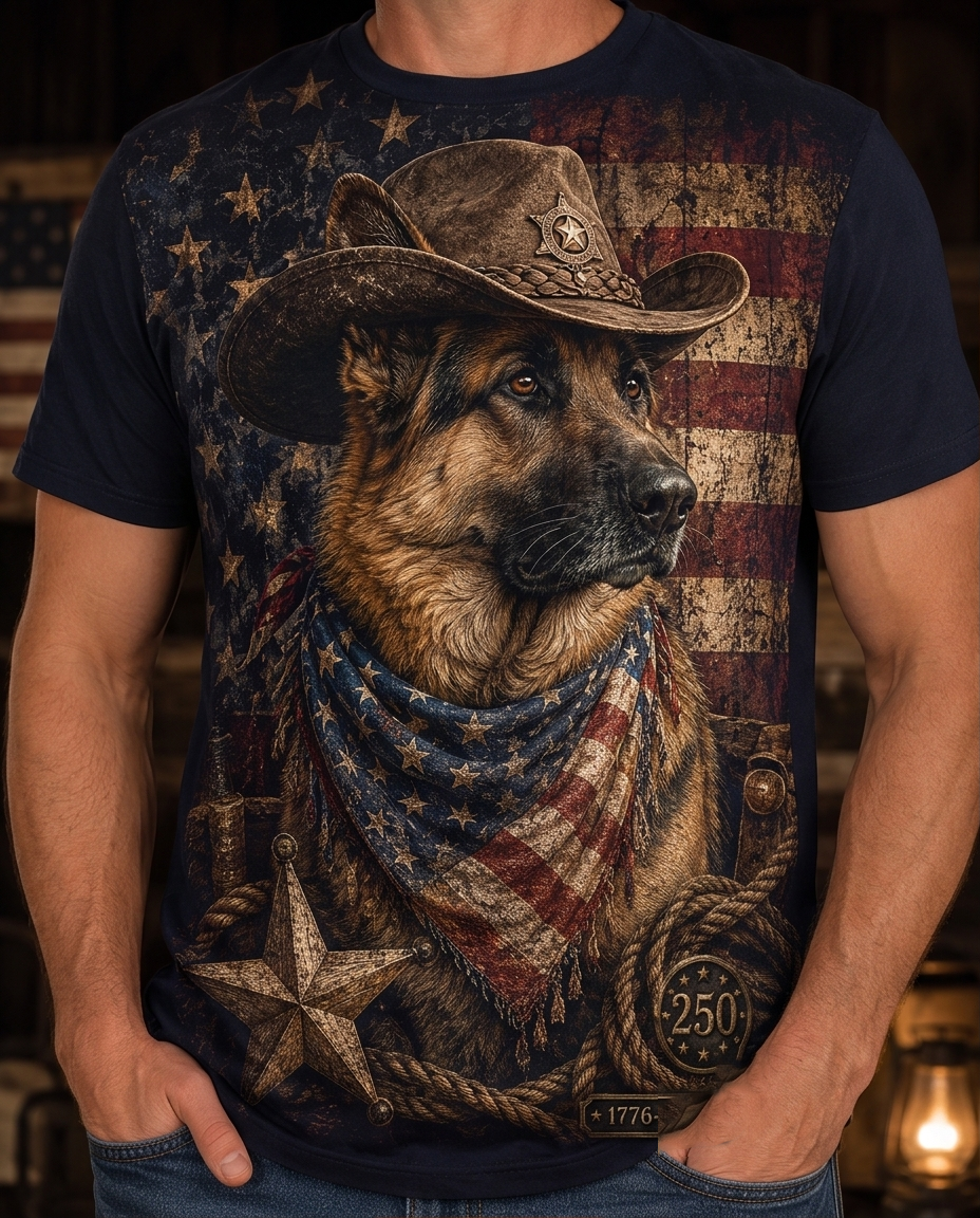 Freedom Guardian: German Shepherd Cowboy Old Glory Patriotic Men's Tee