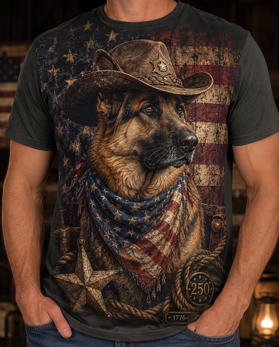 Freedom Guardian: German Shepherd Cowboy Old Glory Patriotic Men's Tee