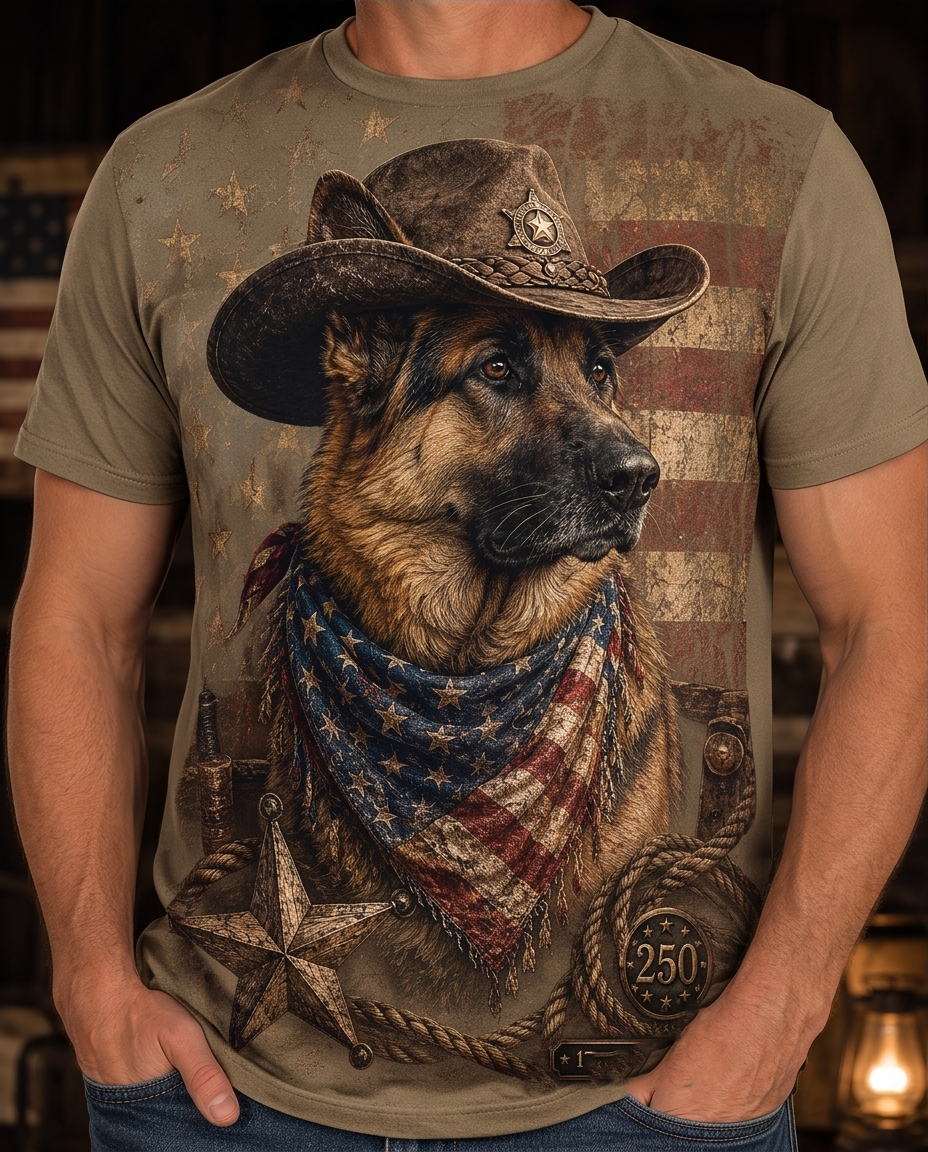 Freedom Guardian: German Shepherd Cowboy Old Glory Patriotic Men's Tee