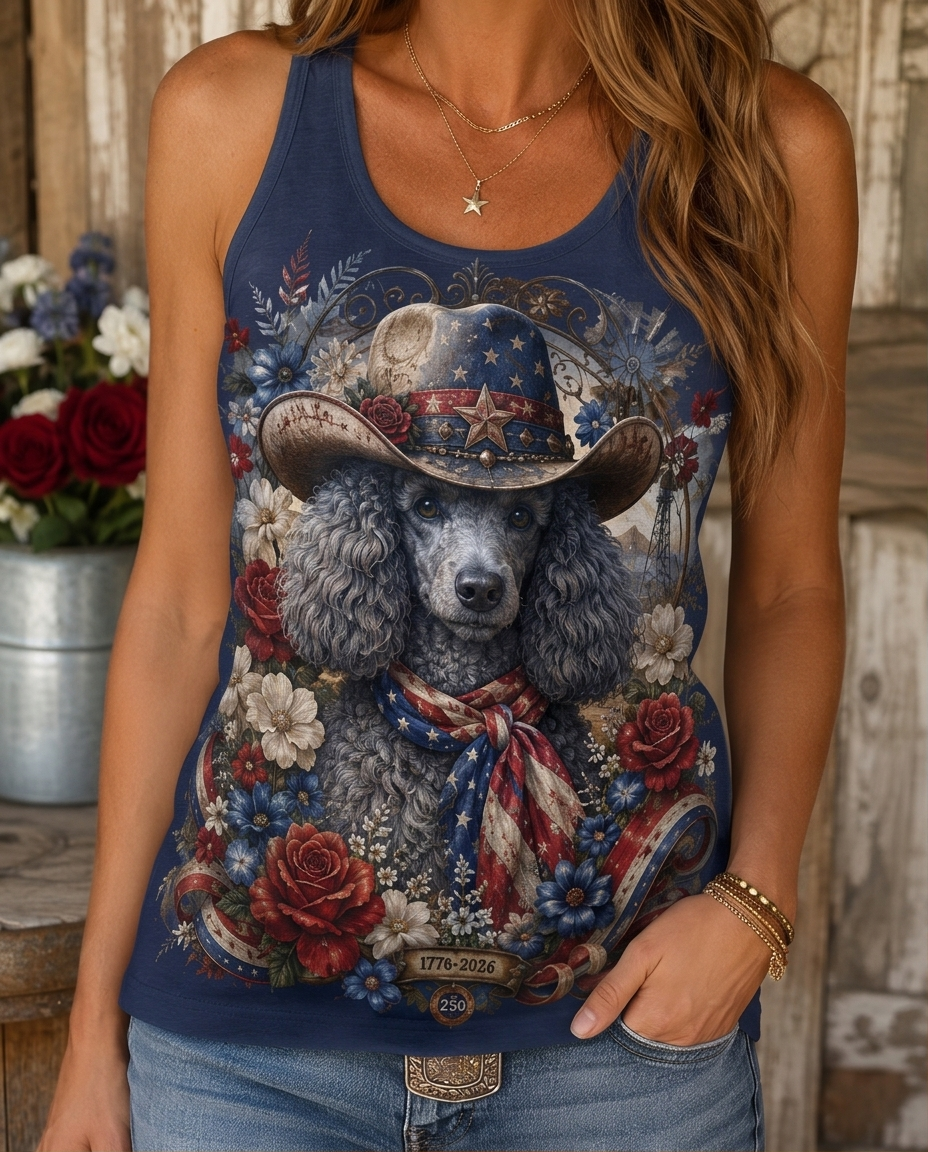 Americana Grace: Patriotic Poodle Cowboy Floral Graphic Tank Top