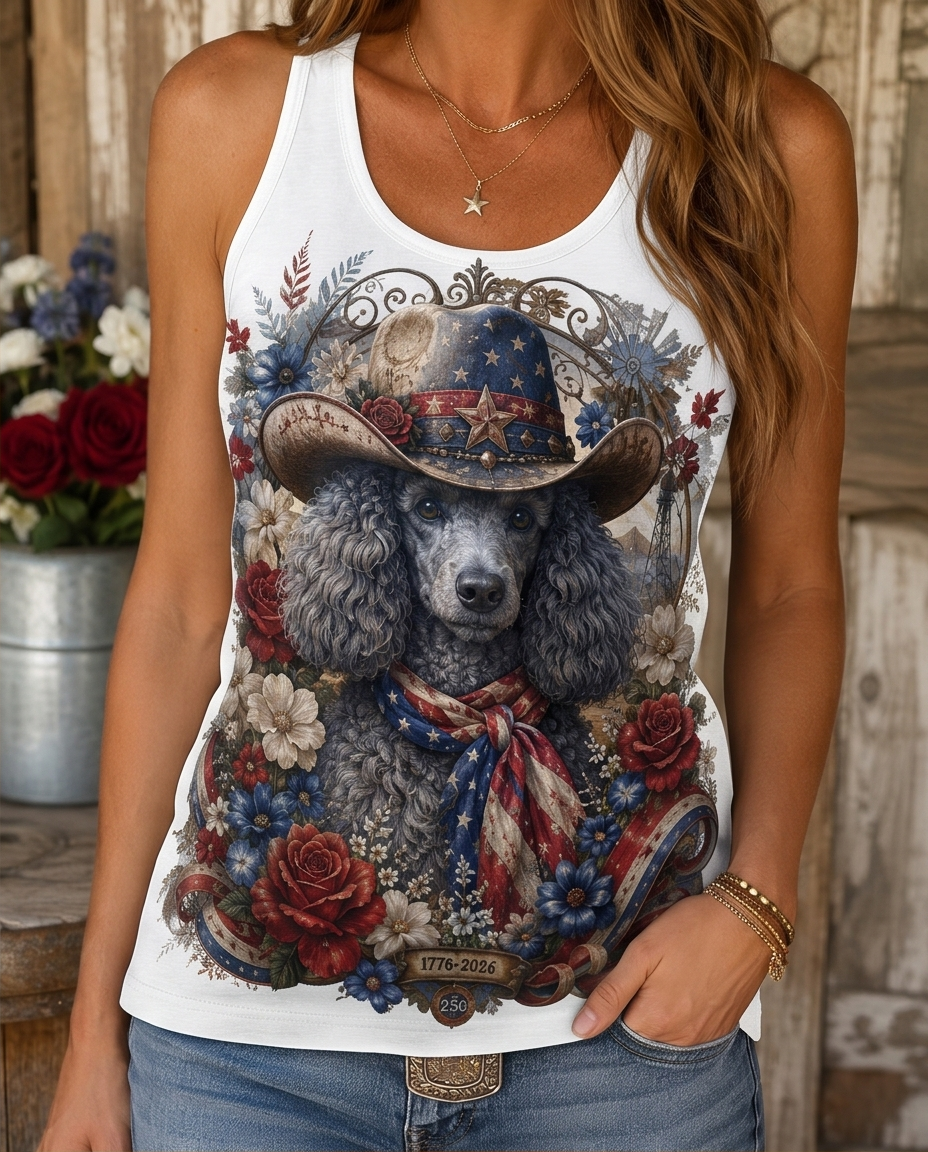 Americana Grace: Patriotic Poodle Cowboy Floral Graphic Tank Top
