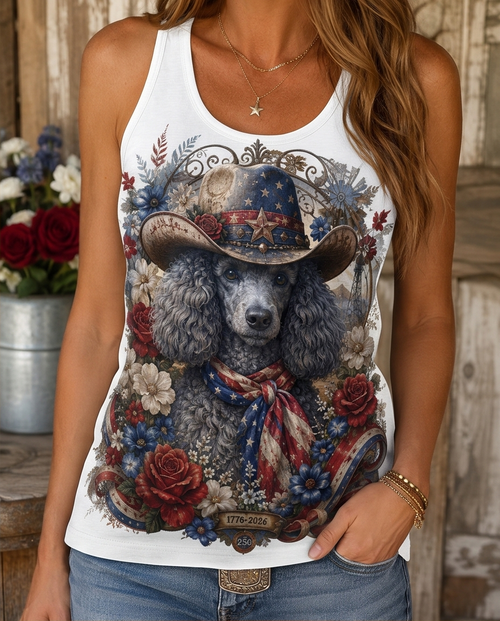 Americana Grace: Patriotic Poodle Cowboy Floral Graphic Tank Top