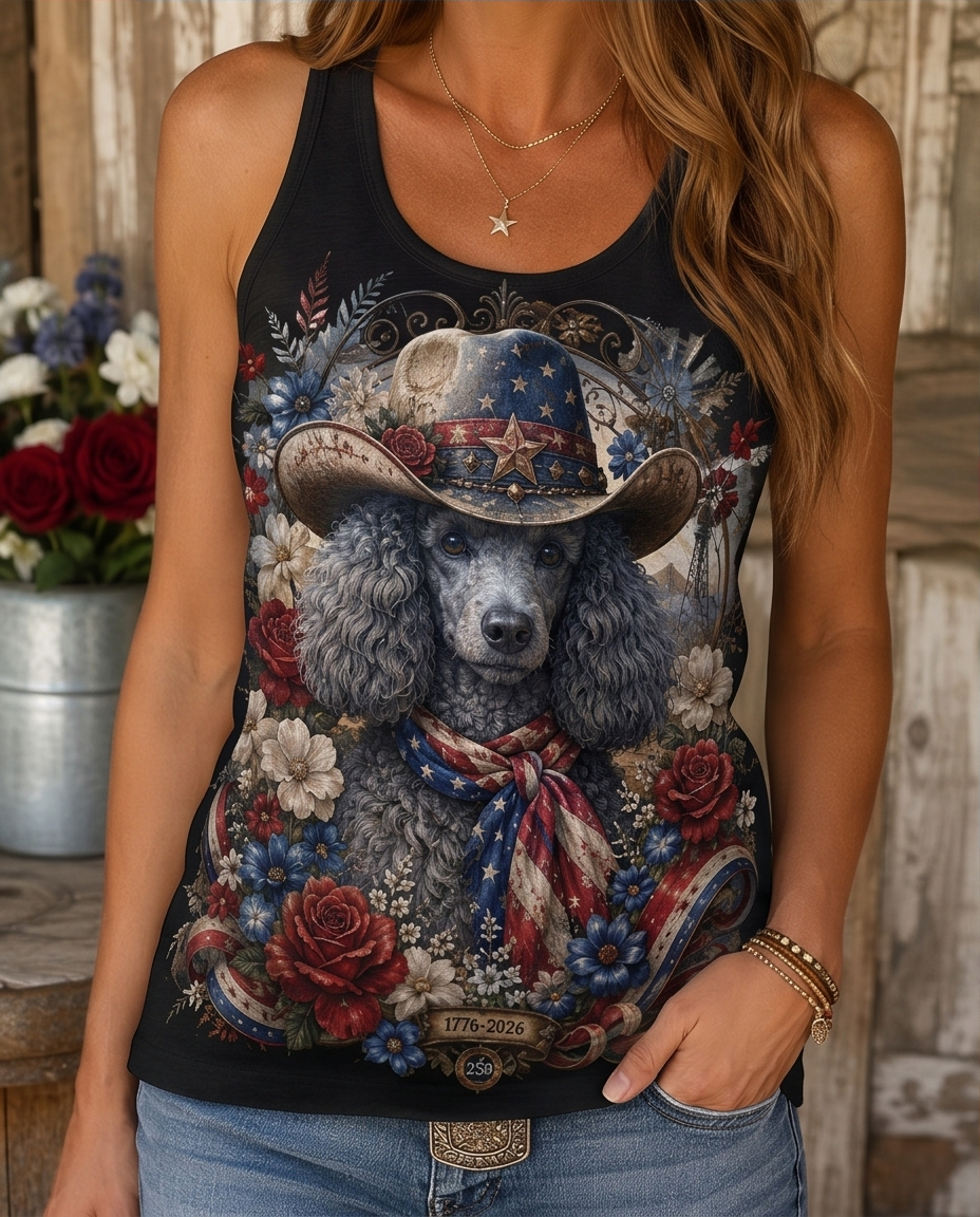 Americana Grace: Patriotic Poodle Cowboy Floral Graphic Tank Top