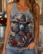 Americana Grace: Patriotic Poodle Cowboy Floral Graphic Tank Top