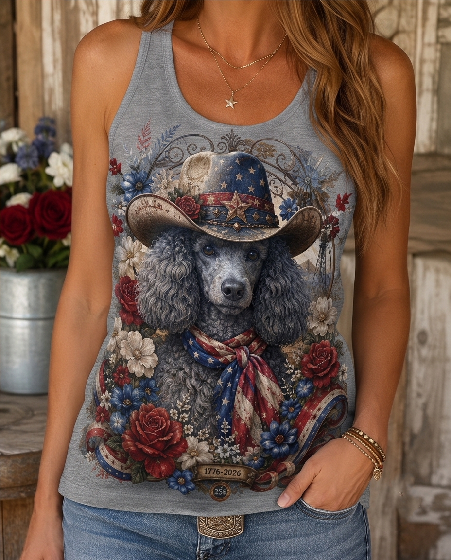 Americana Grace: Patriotic Poodle Cowboy Floral Graphic Tank Top