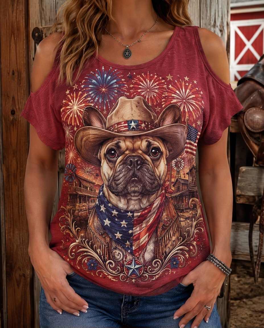 Star-Spangled Frenchie: Patriotic French Bulldog Cowboy Cold-Shoulder Tee