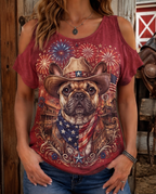 Star-Spangled Frenchie: Patriotic French Bulldog Cowboy Cold-Shoulder Tee