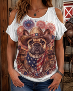 Star-Spangled Frenchie: Patriotic French Bulldog Cowboy Cold-Shoulder Tee
