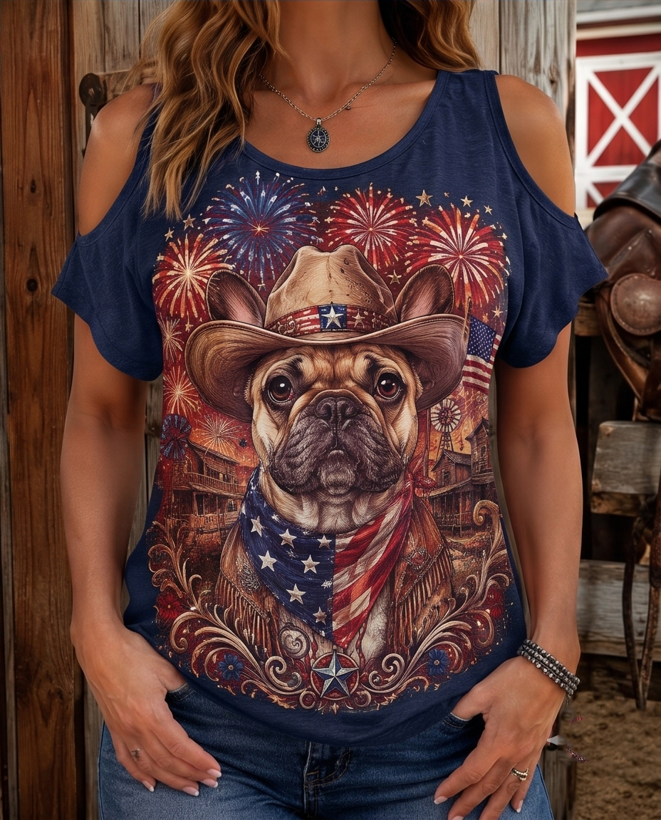 Star-Spangled Frenchie: Patriotic French Bulldog Cowboy Cold-Shoulder Tee