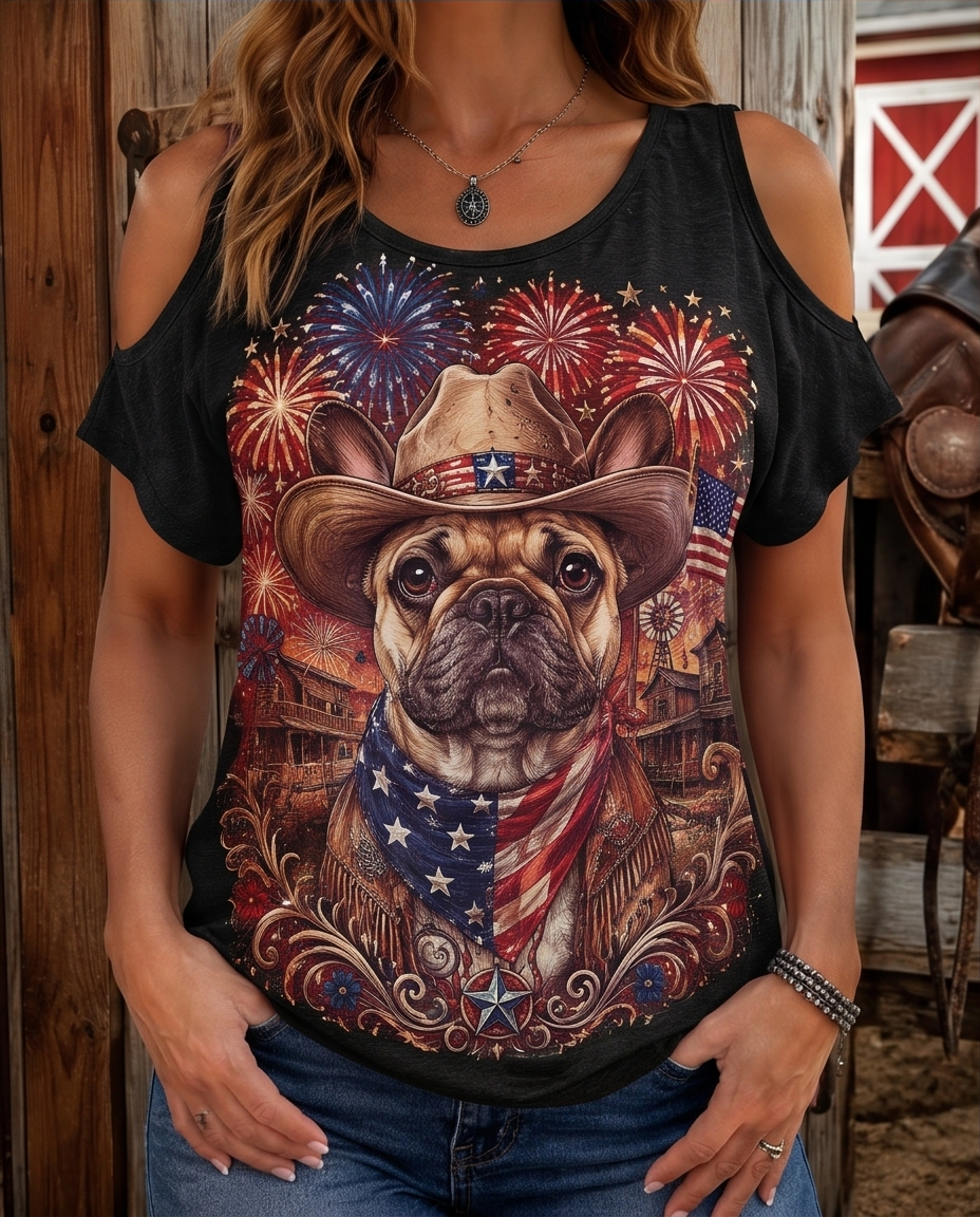 Star-Spangled Frenchie: Patriotic French Bulldog Cowboy Cold-Shoulder Tee