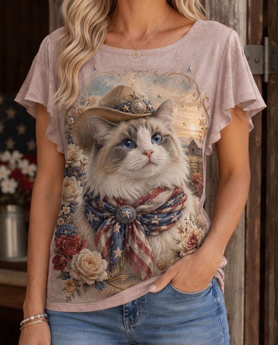 Rustic Dreamer: Western Ragdoll Cat Cowboy Flutter-Sleeve Tee