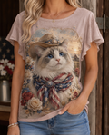 Rustic Dreamer: Western Ragdoll Cat Cowboy Flutter-Sleeve Tee