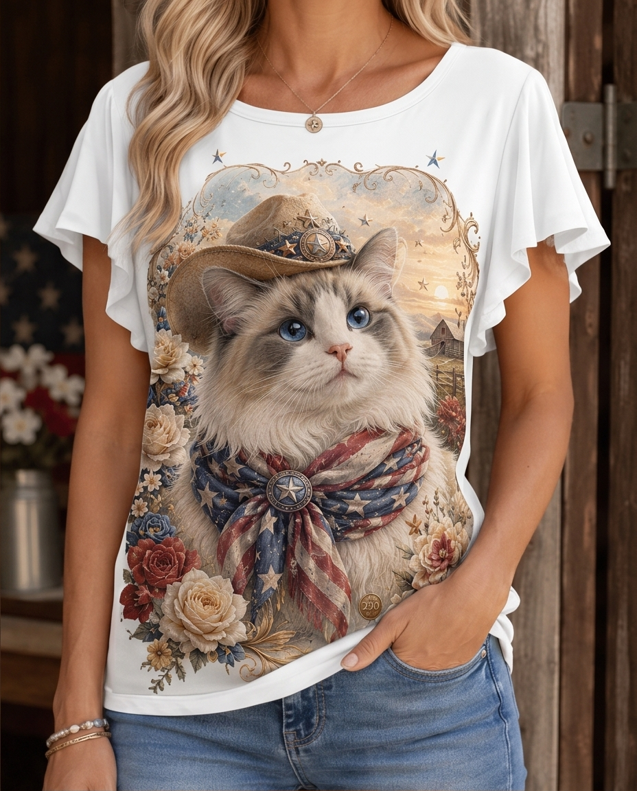 Rustic Dreamer: Western Ragdoll Cat Cowboy Flutter-Sleeve Tee