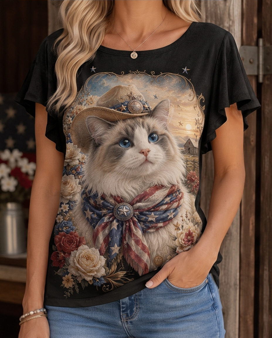 Rustic Dreamer: Western Ragdoll Cat Cowboy Flutter-Sleeve Tee