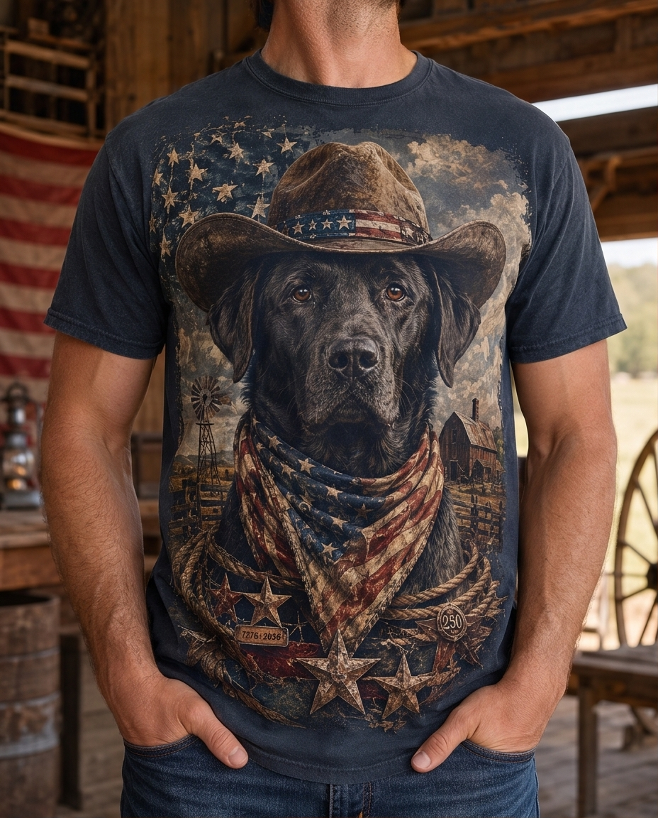 American Frontier: Black Lab Cowboy Rustic Patriotic Graphic Tee