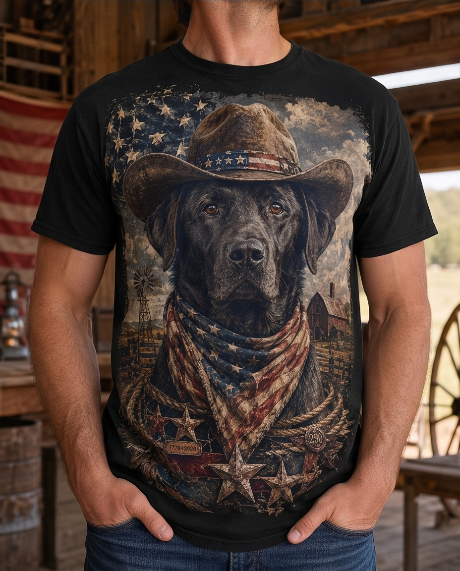 American Frontier: Black Lab Cowboy Rustic Patriotic Graphic Tee