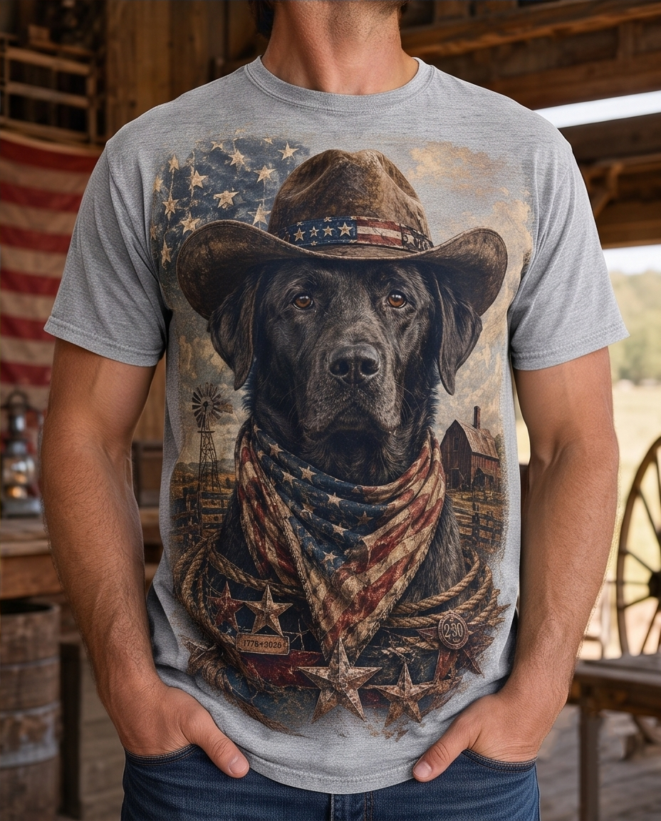 American Frontier: Black Lab Cowboy Rustic Patriotic Graphic Tee