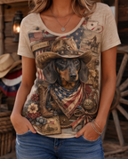 USA 250th Anniversary Patriotic Dachshund Cowboy Women's V-Neck Graphic T-Shirt
