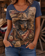 USA 250th Anniversary Patriotic Dachshund Cowboy Women's V-Neck Graphic T-Shirt