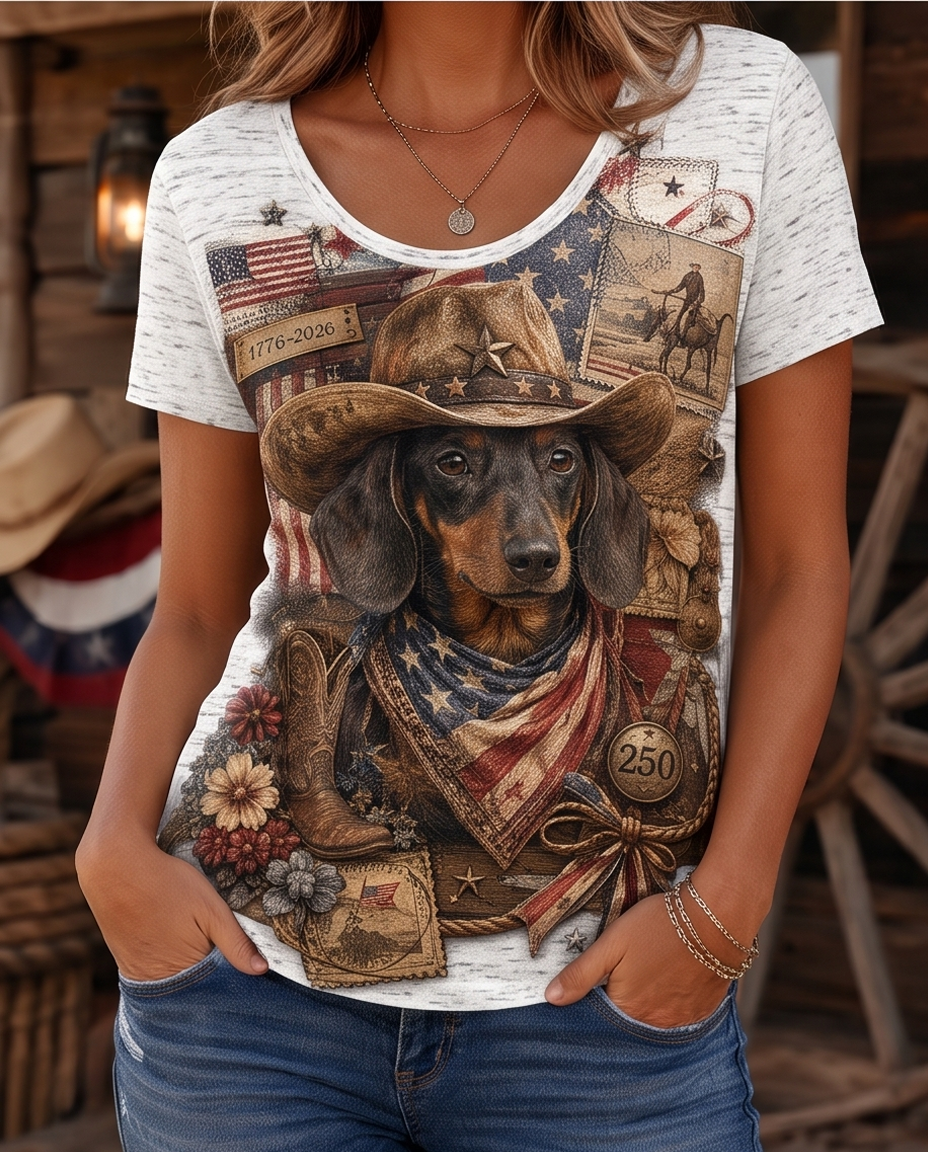 USA 250th Anniversary Patriotic Dachshund Cowboy Women's V-Neck Graphic T-Shirt
